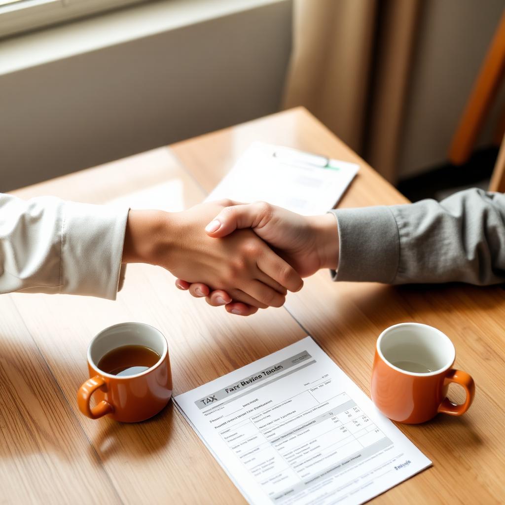 Two people shaking hands over tax paperwork and coffee